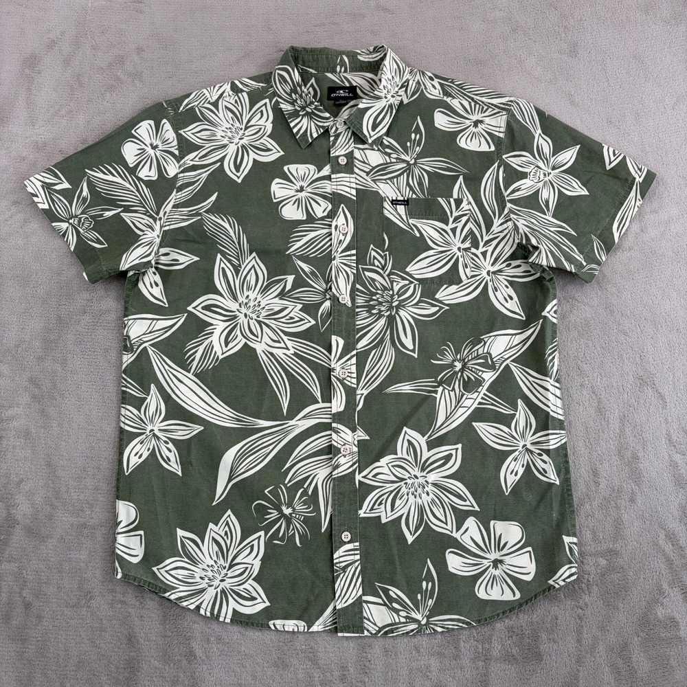 O'Neill Aloha Hawaiian Shirt in Green Floral Men Large Short Sleeve Beach Resort